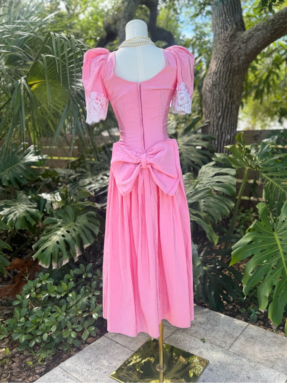 Vintage 1980s Pink Jacquard Bow Back Dress XS Petite